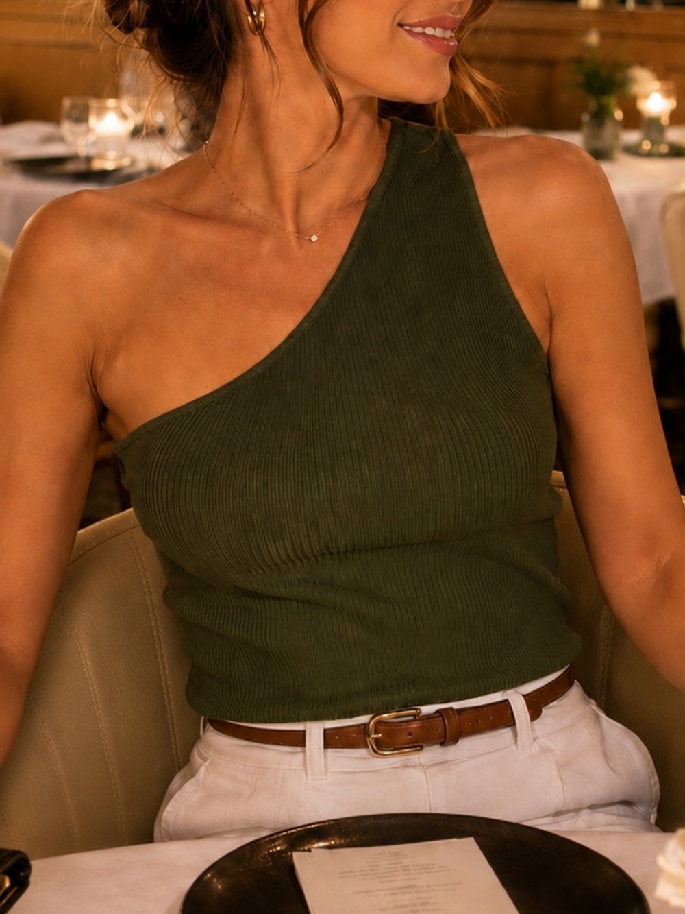 🔹 Babaton One-Shoulder Ribbed Camisole Green Size Medium